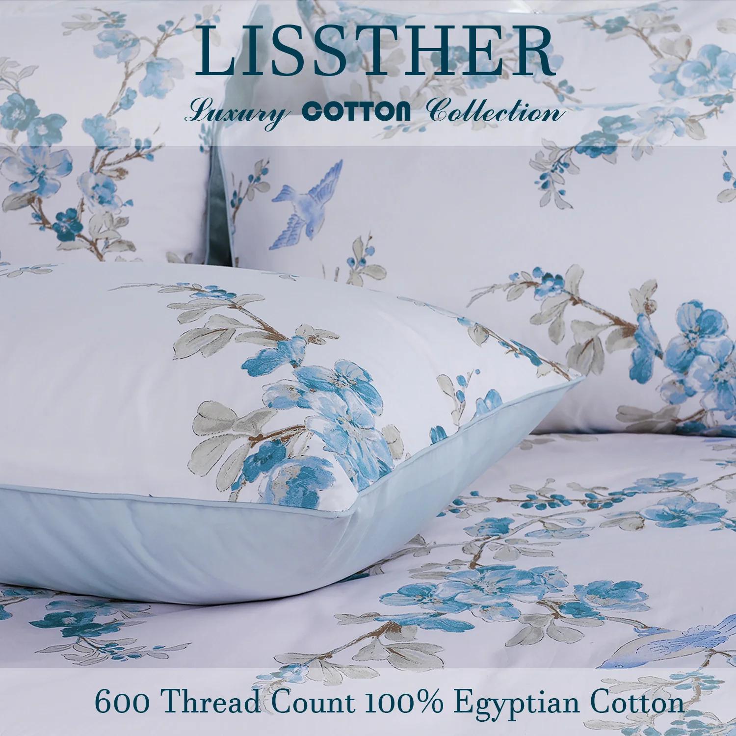 Ensemble de housse de couette 100% coton égyptien 600TC, 3 pièces, motif Floral aquarelle bleu, doux