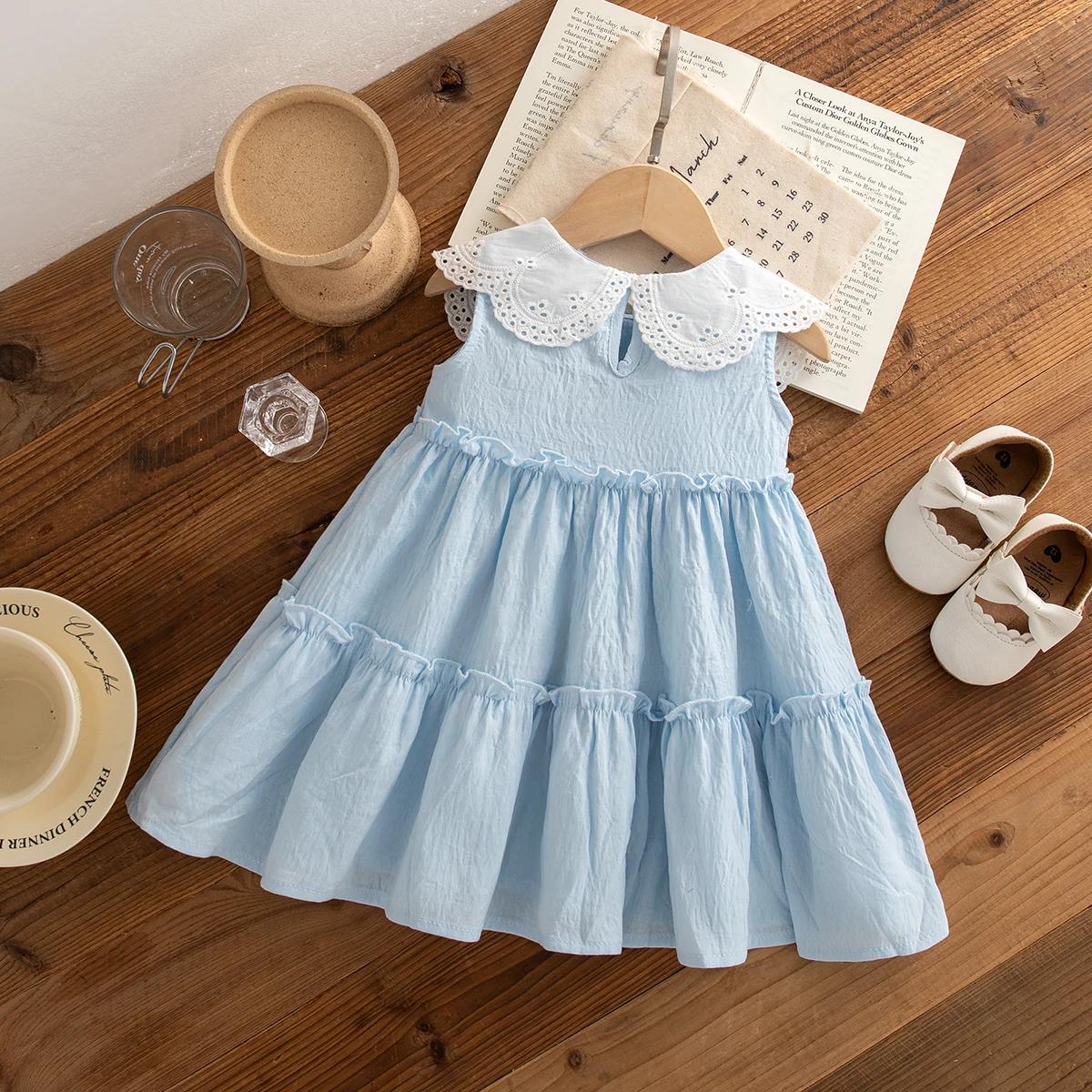 Vêtements d'été en coton pour petites filles, couleur unie, sans manches, à revers, robes de plage m