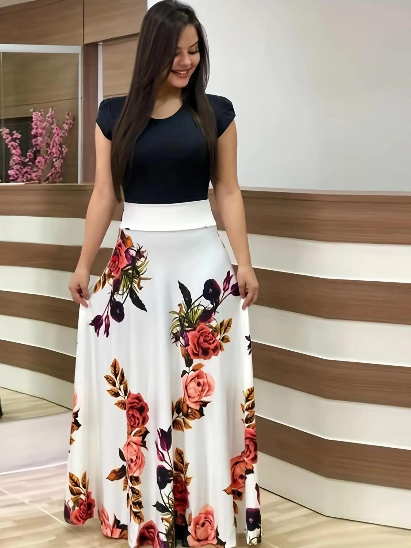 Robe à manches courtes pour femmes, style européen et américain, imprimé floral, couleur assortie, g