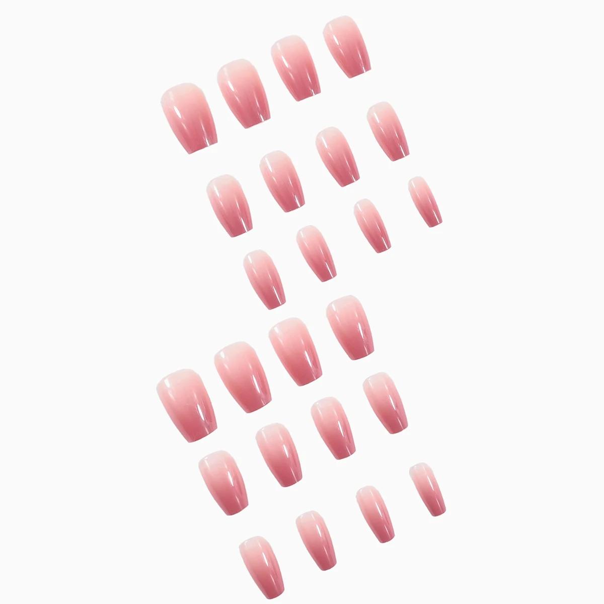Un ensemble complet de 24 faux ongles moyens en forme de cercueil avec un design dégradé pêche, comp