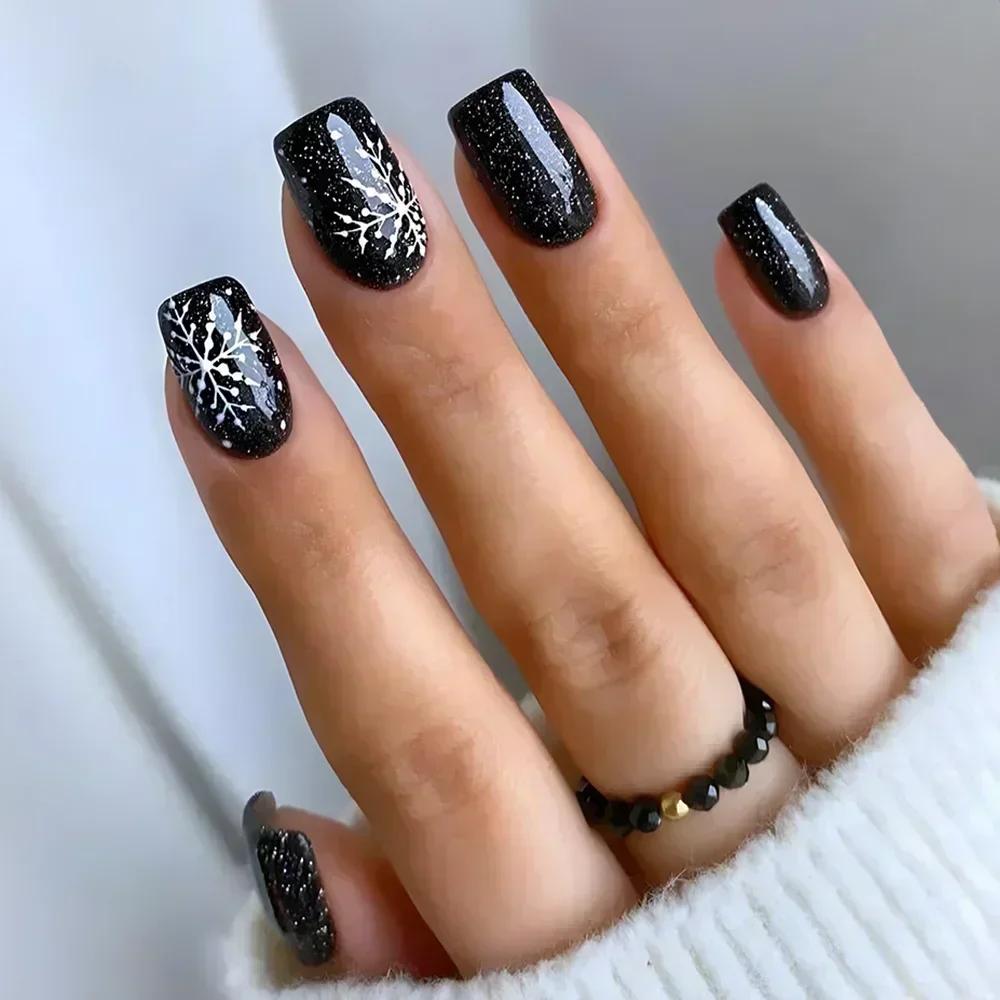 Faux ongles courts noirs solides, 24 pièces, avec motif de Rose, ballerine carrée artificielle, couv