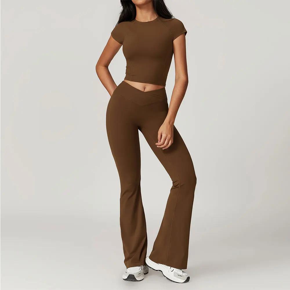 Ensemble yoga 2 pièces pour femmes - Haut court manches courtes et leggings fitness sport gym