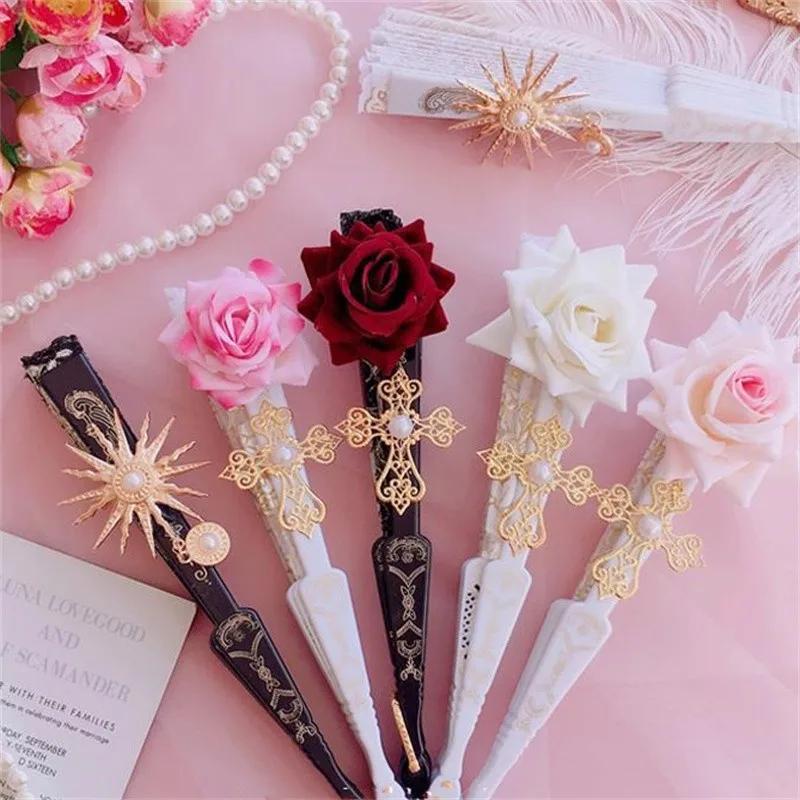 Éventail Gothique Lolita Victorien en Dentelle pour Femme, Vintage, Noir, Blanc, Rouge, Rose, Bambou