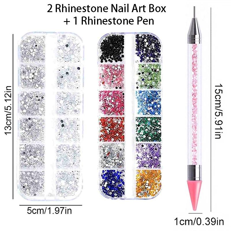 Kit 3 Boîte Nail Art Strass Pierres Argentées Colorées + Stylo Strass