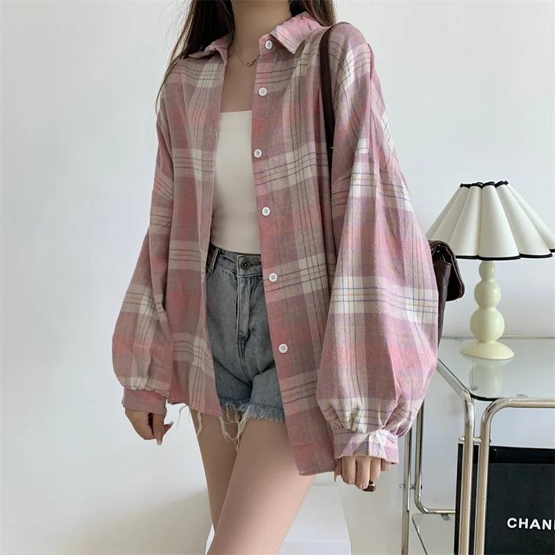 Chemise Tartan à manches longues pour femmes, col boutonné, surdimensionnée, à carreaux, veste Grung
