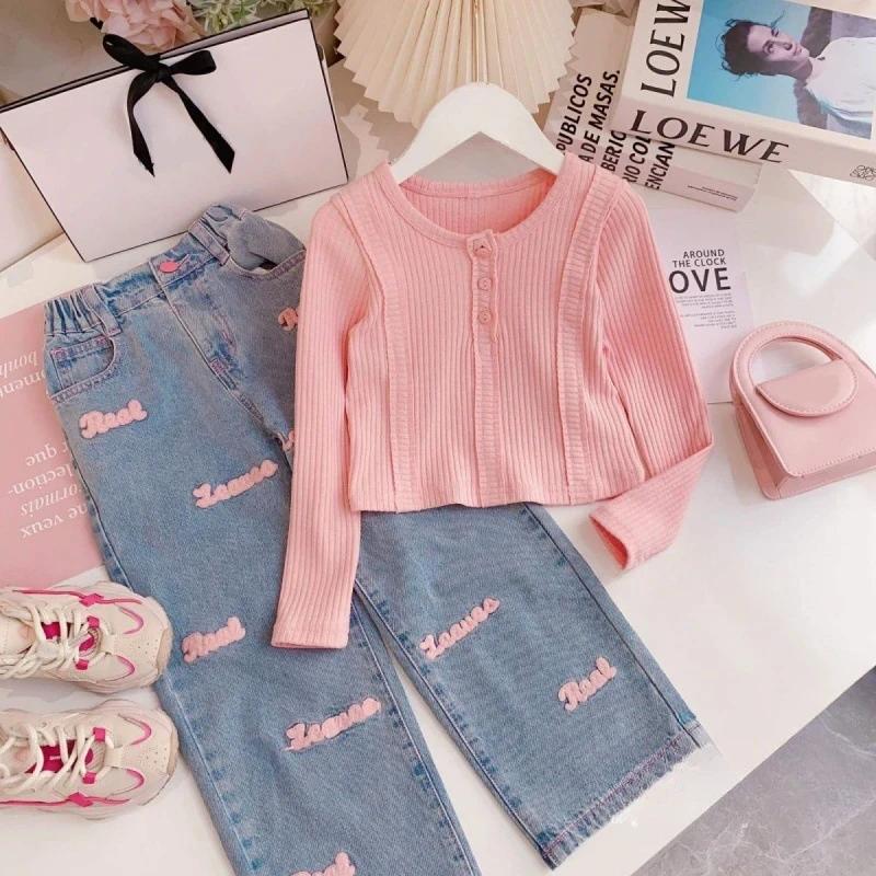 Ensemble de vêtements pour filles de 3 à 10 ans, printemps automne, couleur unie, haut à manches lon