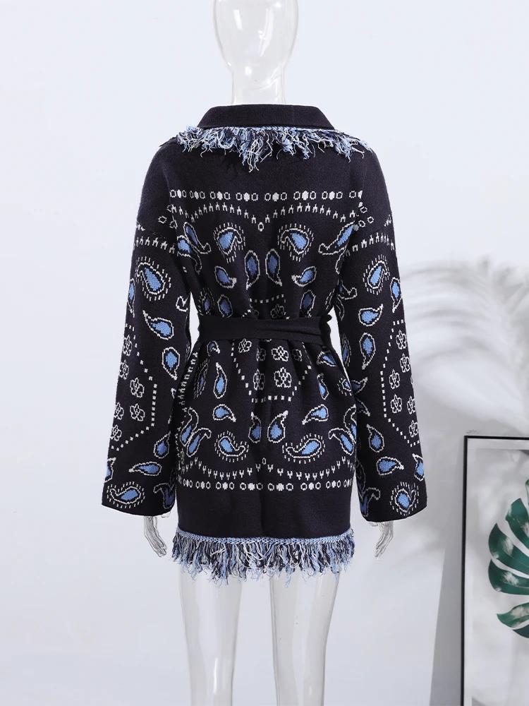 Cardigan imprimé Vintage avec pompons pour femme, col en v, manches longues, pull épissé, assorti av