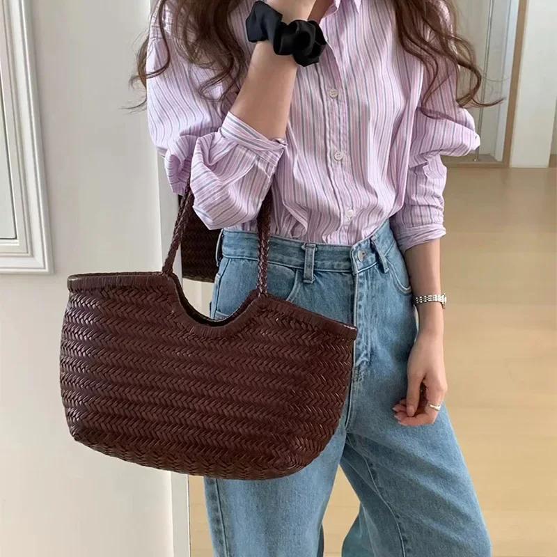 Sac fourre-tout tissé à la main de marque, grand panier à légumes en cuir véritable français avec po