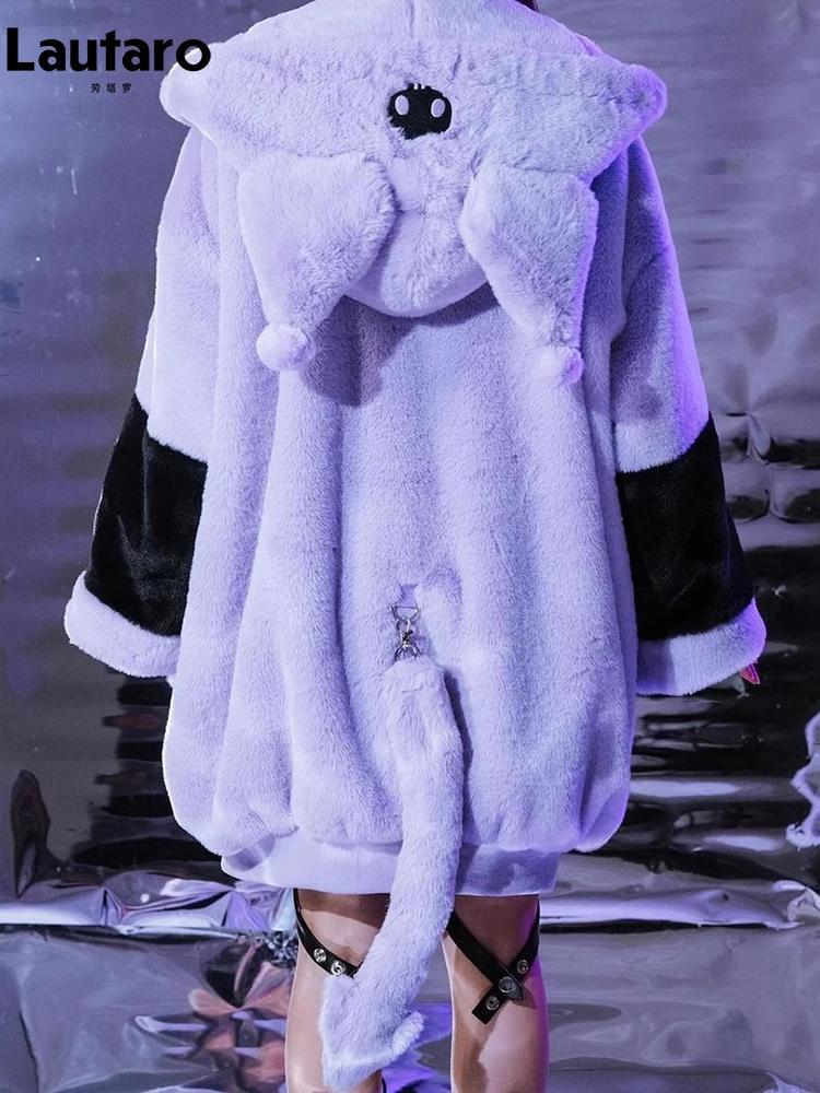 Lautaro automne hiver surdimensionné couleur bloc fausse fourrure manteau femmes Harajuku Kawaii dou