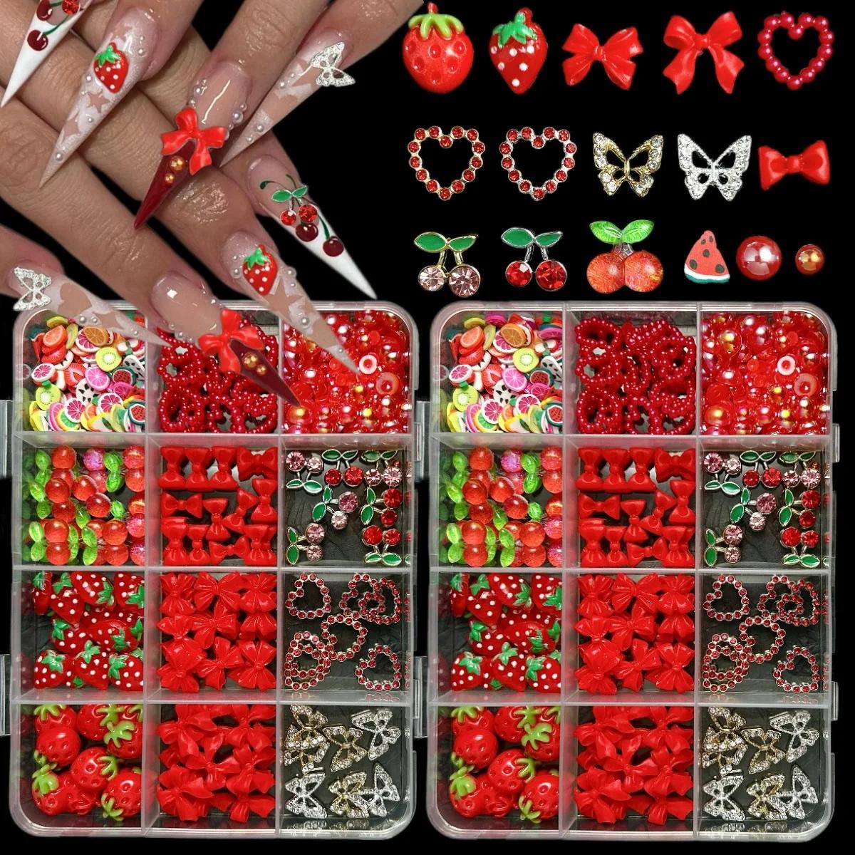 Breloques 3D cerise rouge/fraise/arc pour Nail Art, 12 grilles, alliage papillon/amour/ruban Y2K, dé