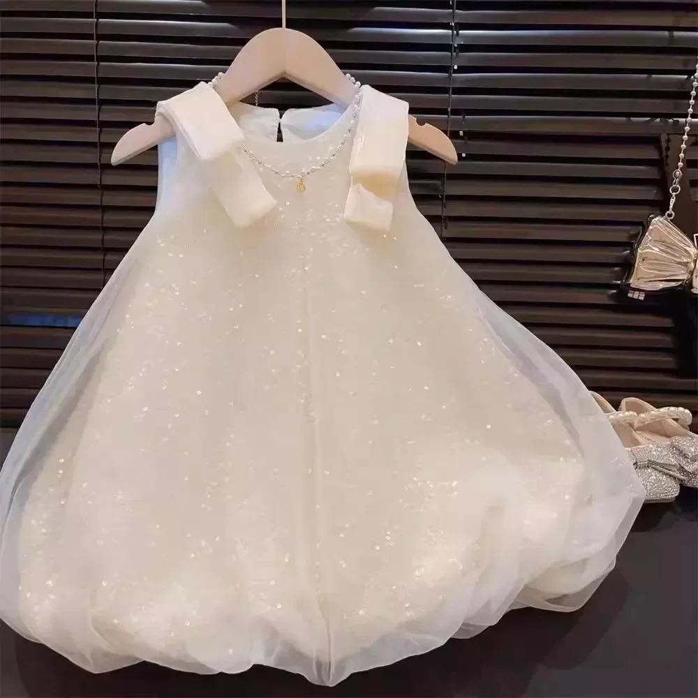 Robe d'été en dentelle à paillettes pour filles, tenue de princesse à bulles, avec nœud, Version cor
