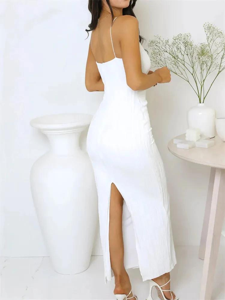 Robe longue froncée sans manches pour femmes, Sexy, Slim, couleur unie, dos fendu, tenue de soirée,