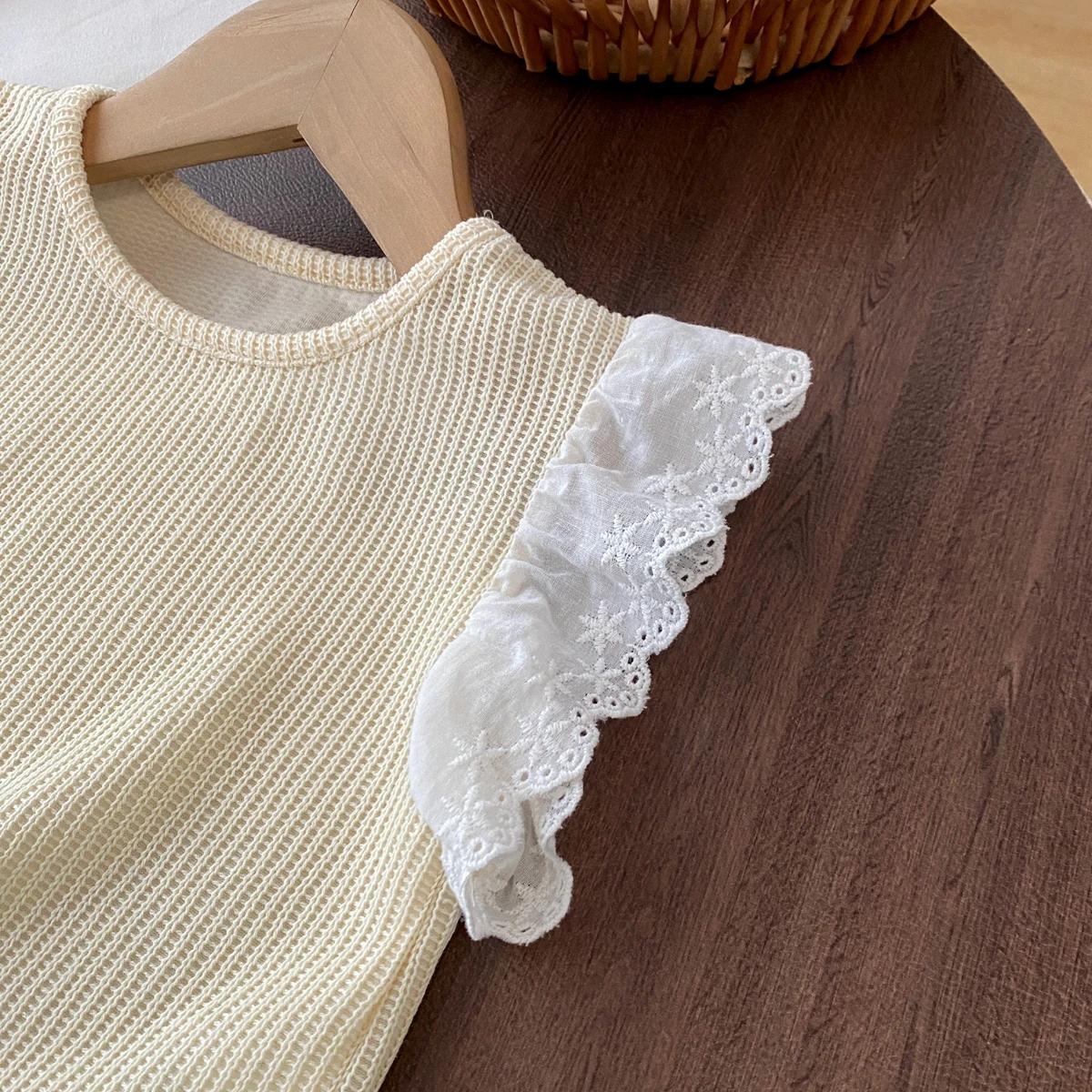 Ensembles de vêtements pour filles, été, dentelle unie, gilet en dentelle tricotée + pantalon large,