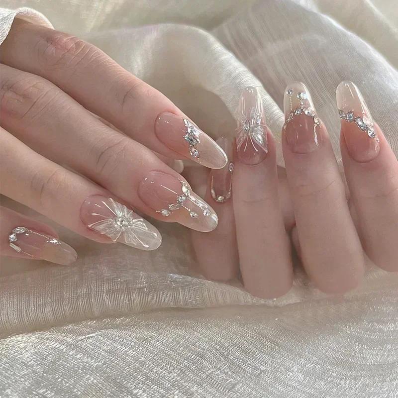 24 pièces amande Pure fait à la main presse sur les ongles couverture complète papillon français per