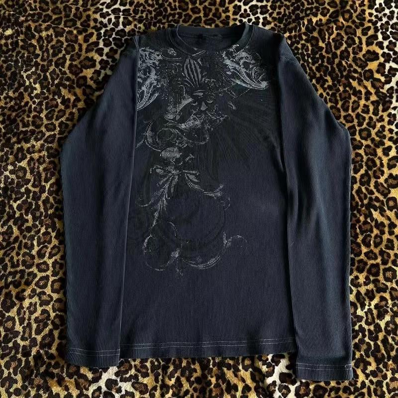 Y2K Hottie Grunge Cyber Mall Goth T-shirt thermique crânes graphique imprimé à manches longues pulls