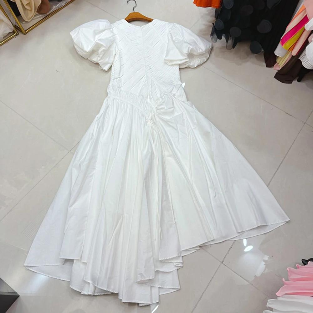 TWOTWINSTYLE tempérament robes solides pour les femmes col rond manches à bulles taille haute décont