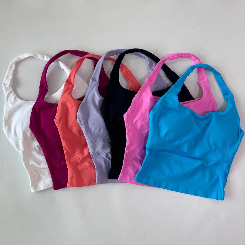 Sans Logo sans couture haut à licou dos nu palangre à bretelles rembourré haut de sport femmes souti