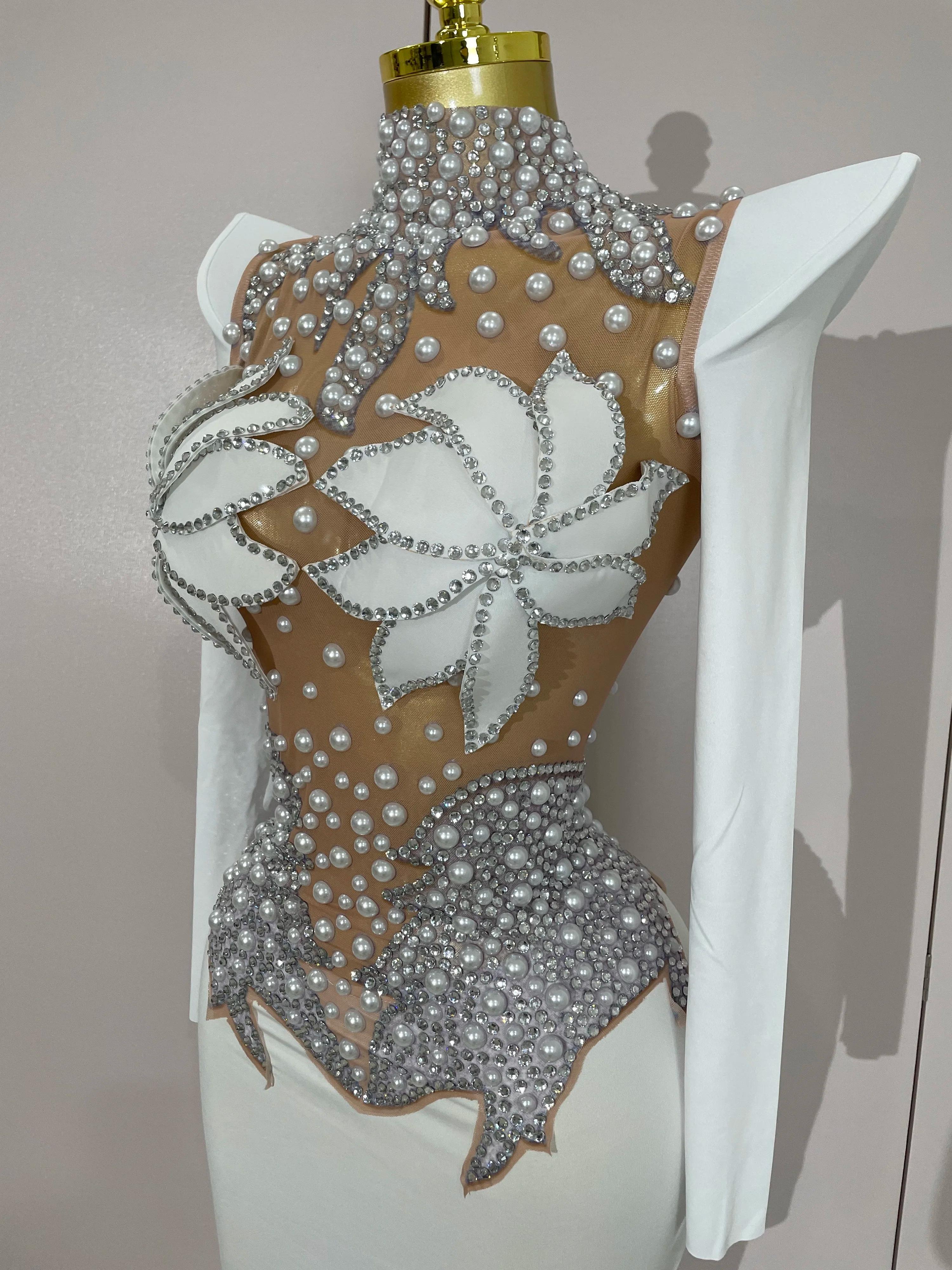 Robe longue de luxe en maille transparente pour femmes, diamants scintillants, blanc perle, robe de