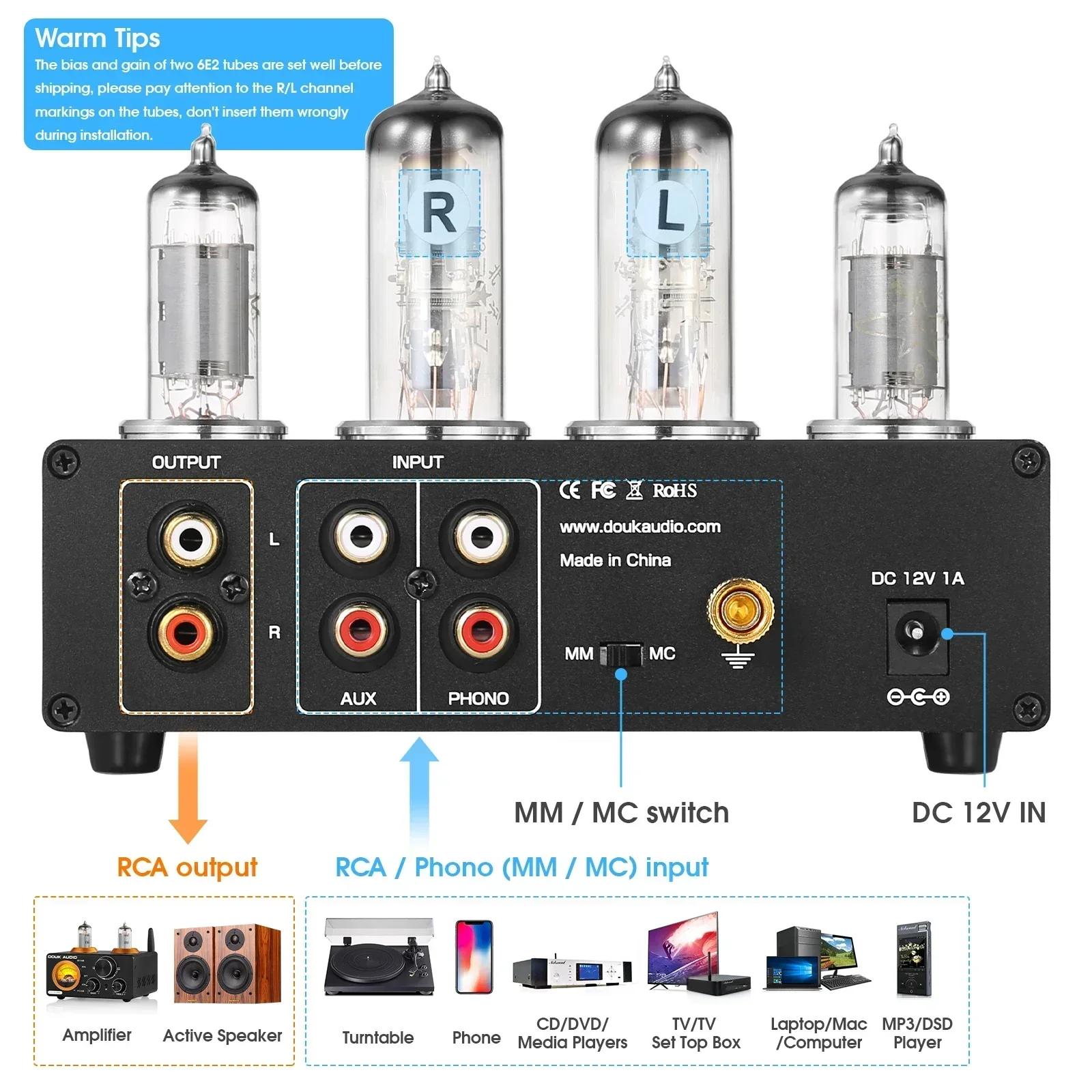 Douk Audio T9 Mini 6E2 préamplificateur à Tube sous vide Audio stéréo MM/MC Phono scène platine préa