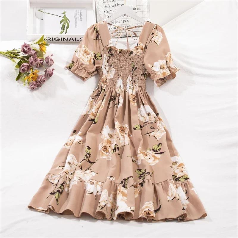 Printemps été robes en mousseline de soie mode femme taille élastique à manches courtes plissée tenu