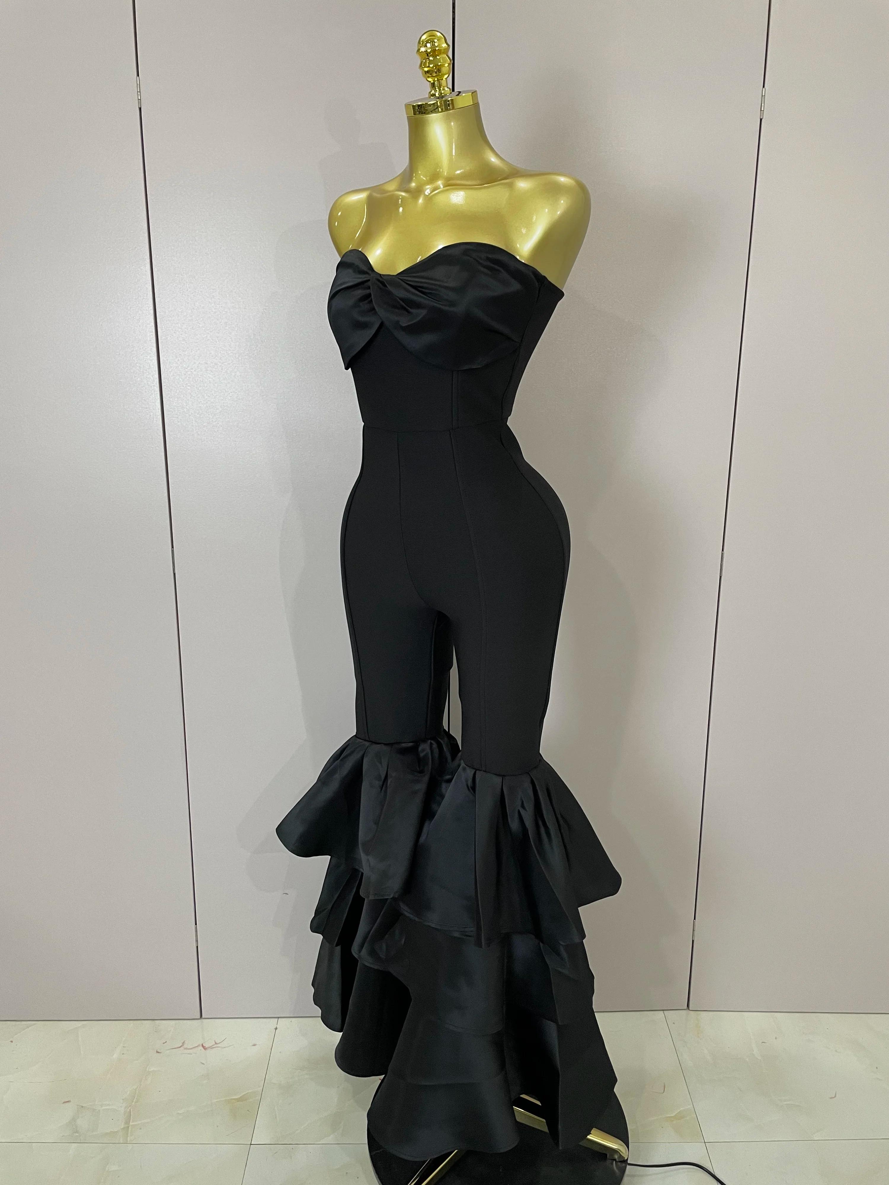 Luxe anniversaire Sexy bretelles noir volants moulante Flare Bandage combinaison 2025 femmes célébri