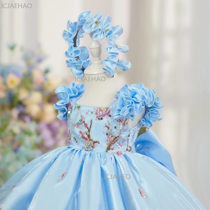 Nouvelle Robe de Princesse Bleue pour Enfants à Manches Volantes, Robe de Demoiselle d'Honneur pour