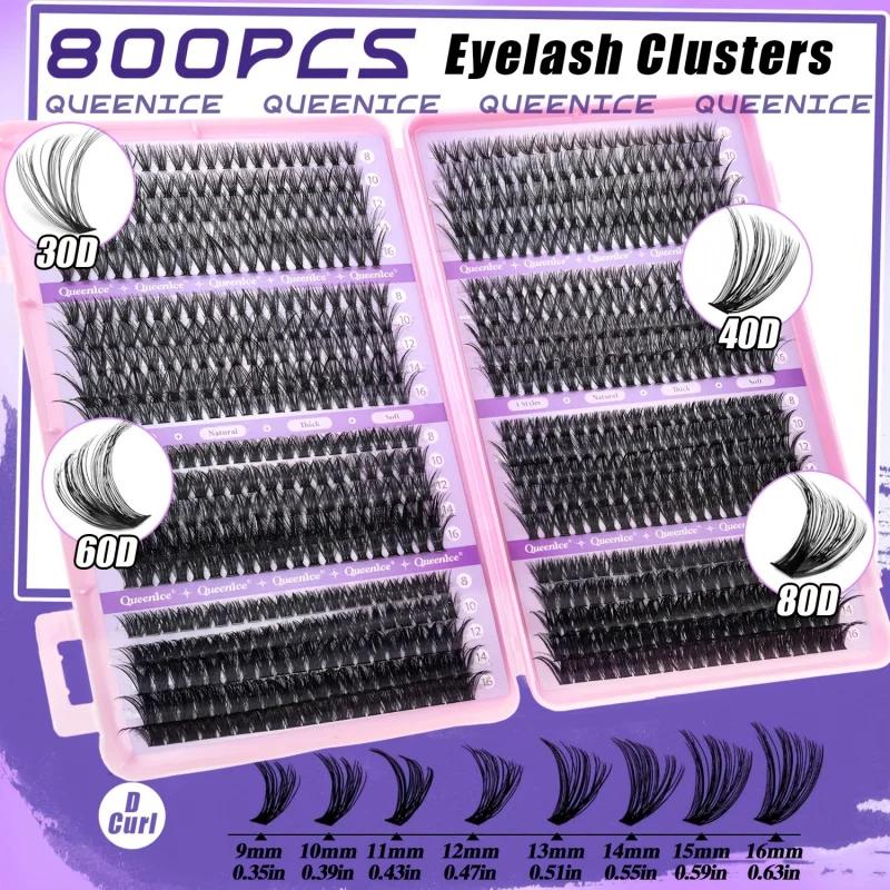 QUEENICE 800 pièces de faux cils en grappe de longueur mixte | Léger, doux, facile à appliquer, De
