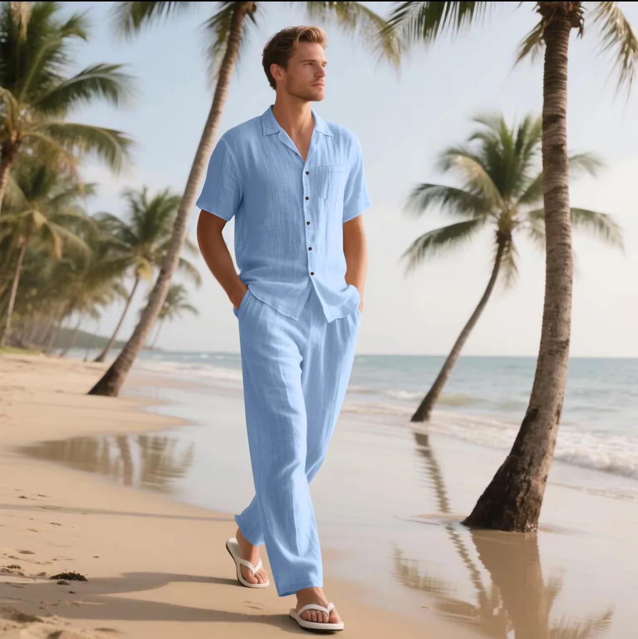 Ensemble deux pièces décontracté en coton et lin pour hommes, chemises et pantalons de base Vintage