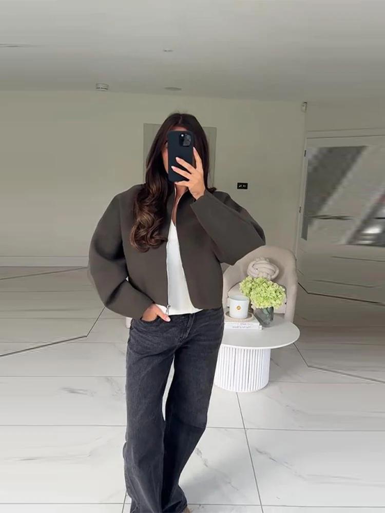 Veste courte Vintage à col montant pour femme, manteau ample et chaud avec fermeture éclair, manches