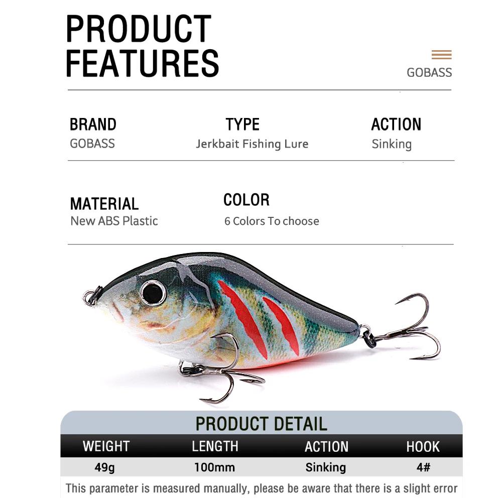 GOBASS curseur Jerkbait 6 cm/8 cm/10 cm coulant lent Musky Wobbler brochet VIB appât dur manivelle l