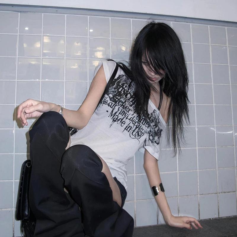 Karrram japonais Y2k lettre impression T-shirt Trashy 2000s Style tatouage T-shirt Vintage Harajuku