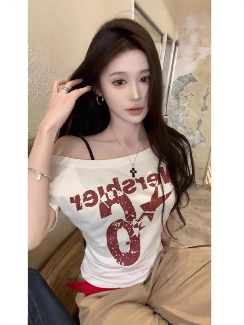 Y2k Sport été épaules dénudées haut femmes Sexy Vintage années 2000 à manches courtes t-shirt dame c