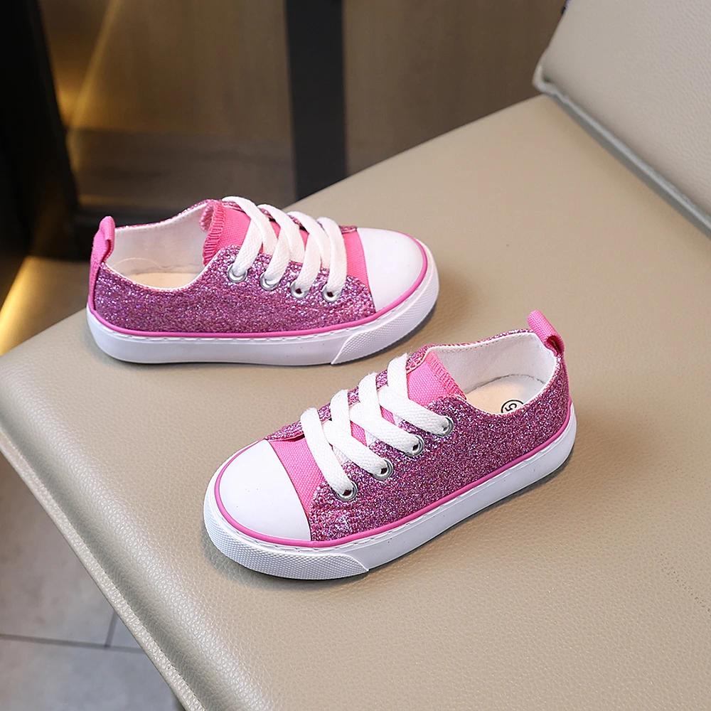 COMFY KIDS – chaussures basses en toile pour filles, Style princesse à paillettes roses, tissu respi