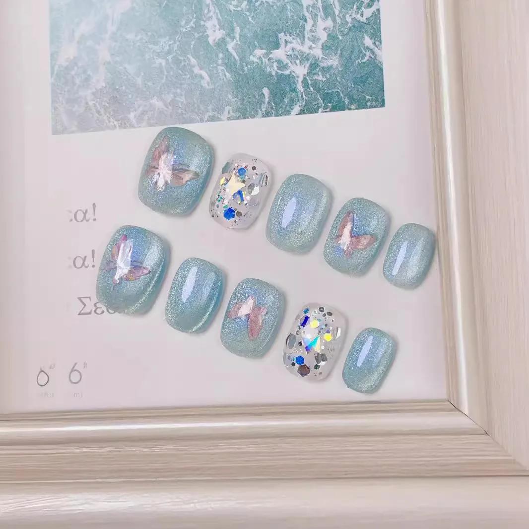 10 pièces oeil de chat presse à la main sur les ongles couleur bonbon faux ongles été mignon portabl