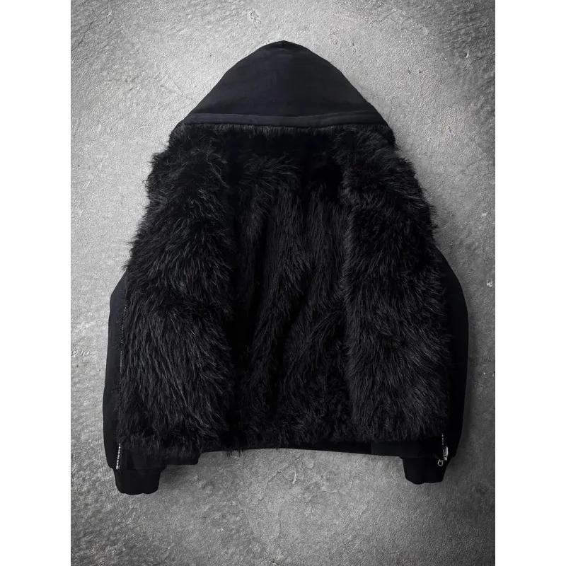 Manteau Parka surdimensionné en fausse fourrure pour homme, épais et chaud, noir, réversible, avec c