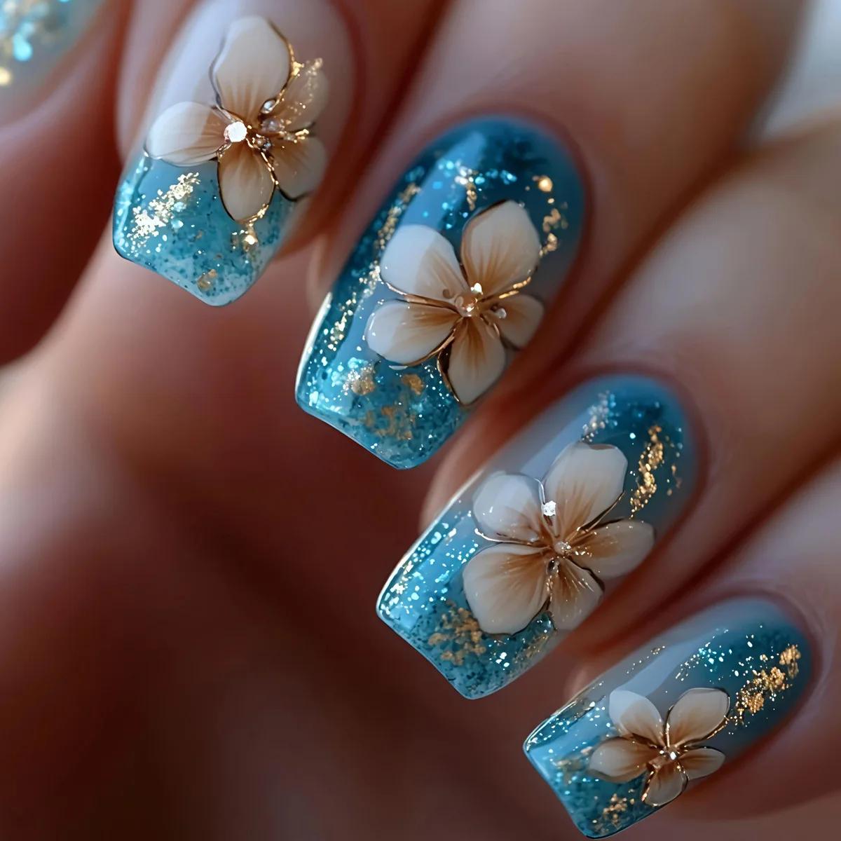 24 pièces/seste faux ongles courts moyens pour femmes filles fleurs colorées plage de champignons po