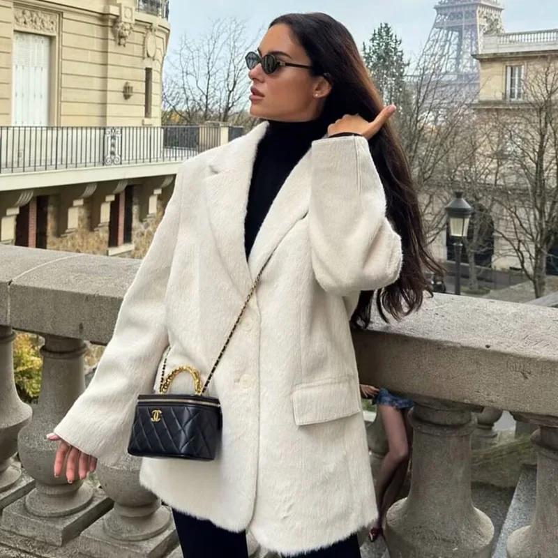 HXAO 2025 femmes Blazer fausse fourrure manteaux vêtements d'extérieur femme printemps vestes blanc
