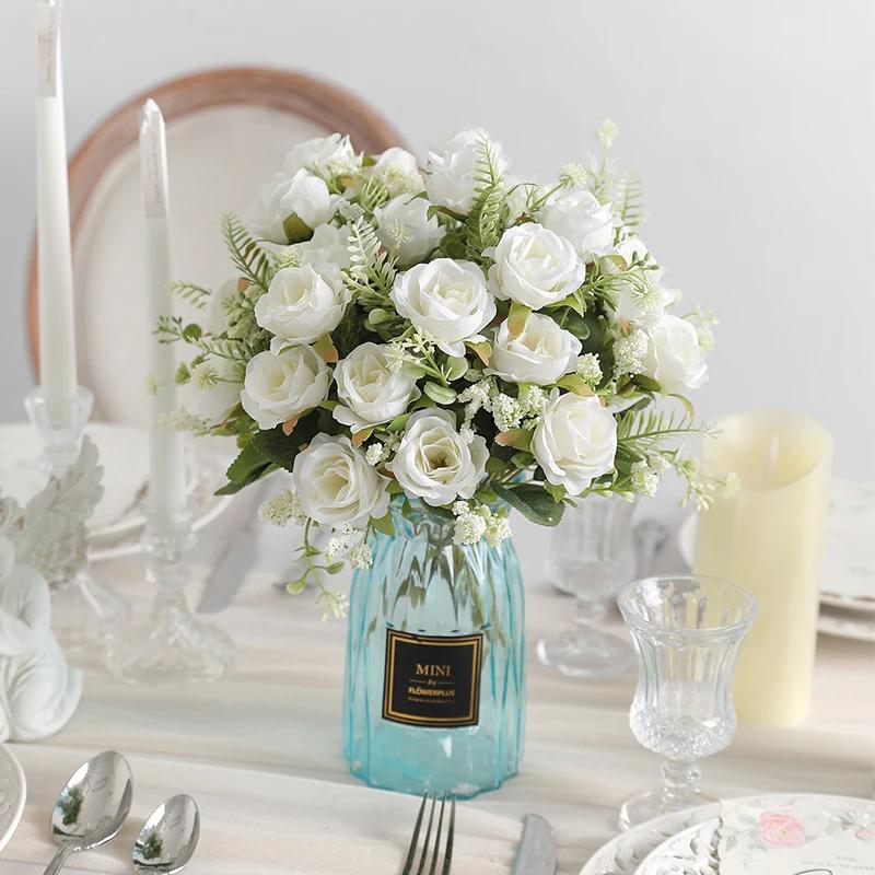 Bouquet de pivoines artificielles en soie blanche, 30cm, 5 grandes têtes, 4 petits bourgeons, décora