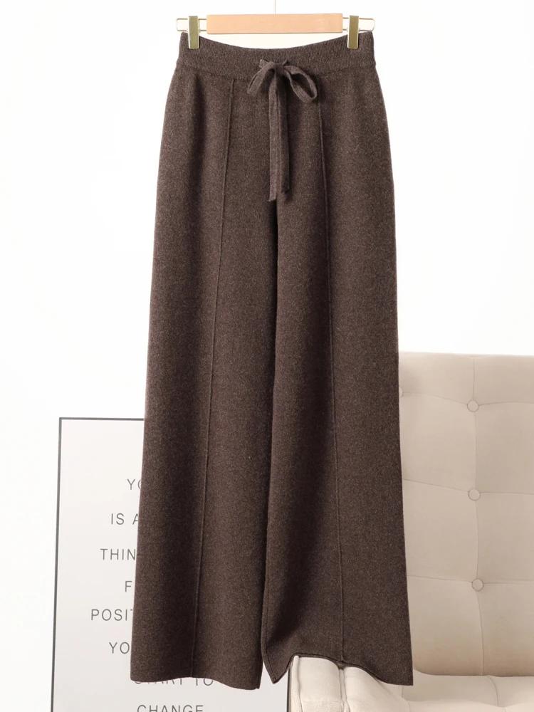 Pantalon tricoté en laine mérinos pour femme, jambes larges, basique, doux et chaud, en cachemire, d