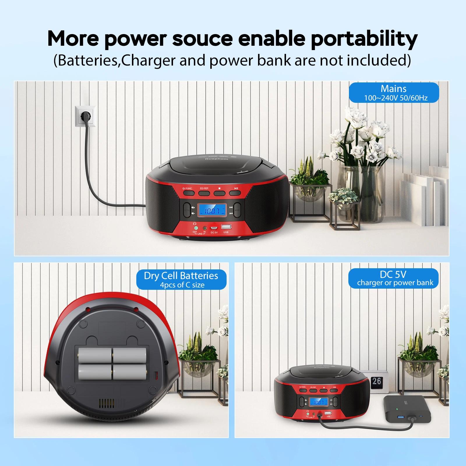 Boombox radio CD avec lecteur cd portable Bluetooth et USB avec EQ, alimentation AC et DC, affichage