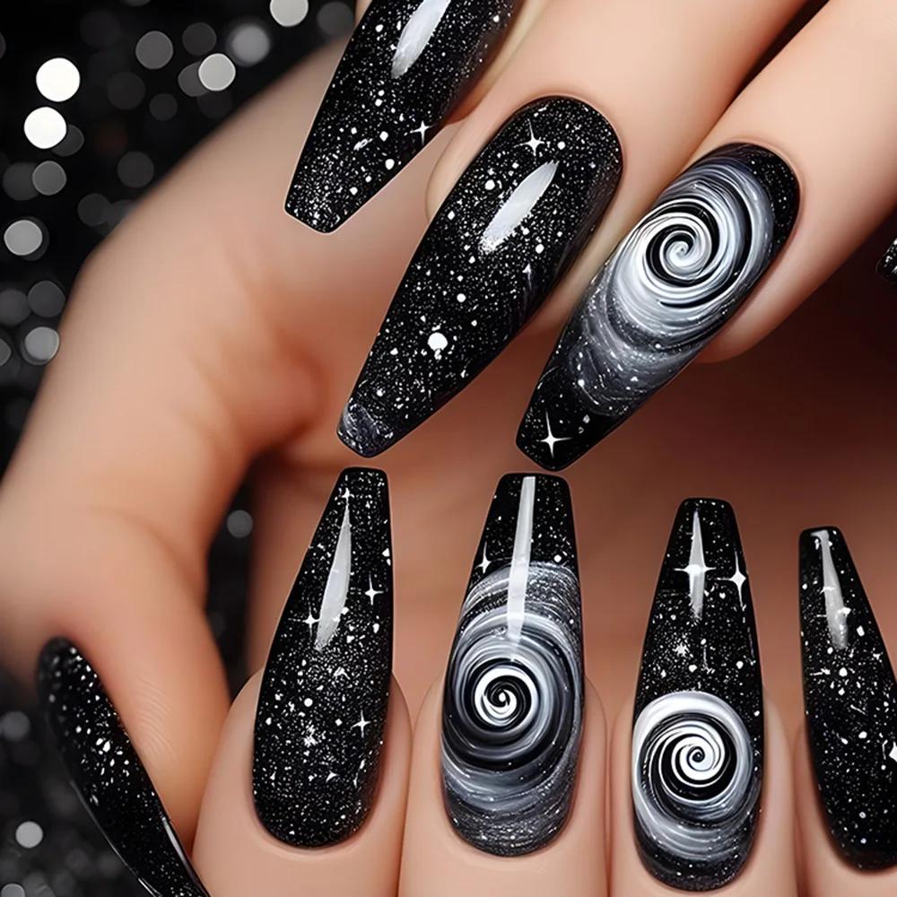 24 pièces/ensemble faux ongles mi-longs carrés ballet ongles conseils paillettes ciel étoilé lune ét