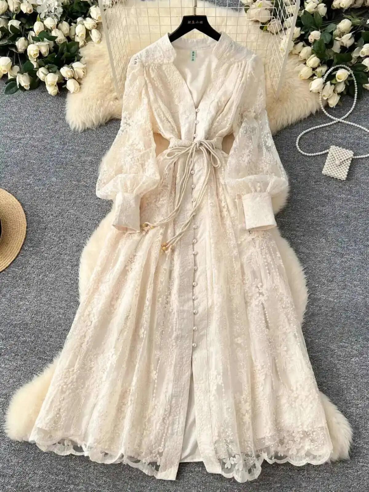 Robes formelles brodées de luxe pour femmes, lanterne d'été et d'automne, manches longues, dentelle,