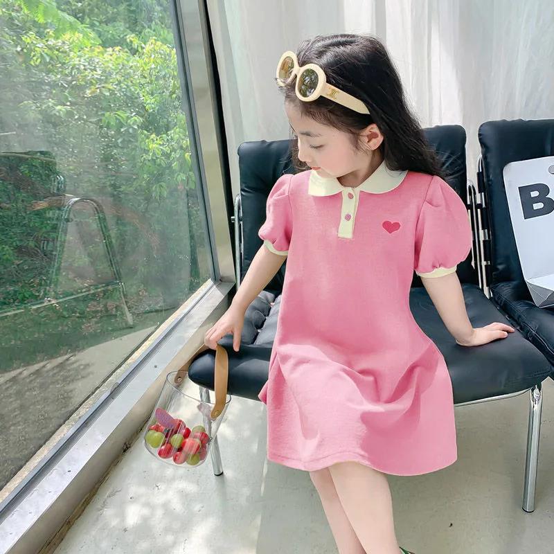 Robe coréenne pour filles, été 2026, col à revers avec broderie, ourlet à volants, robe de princesse