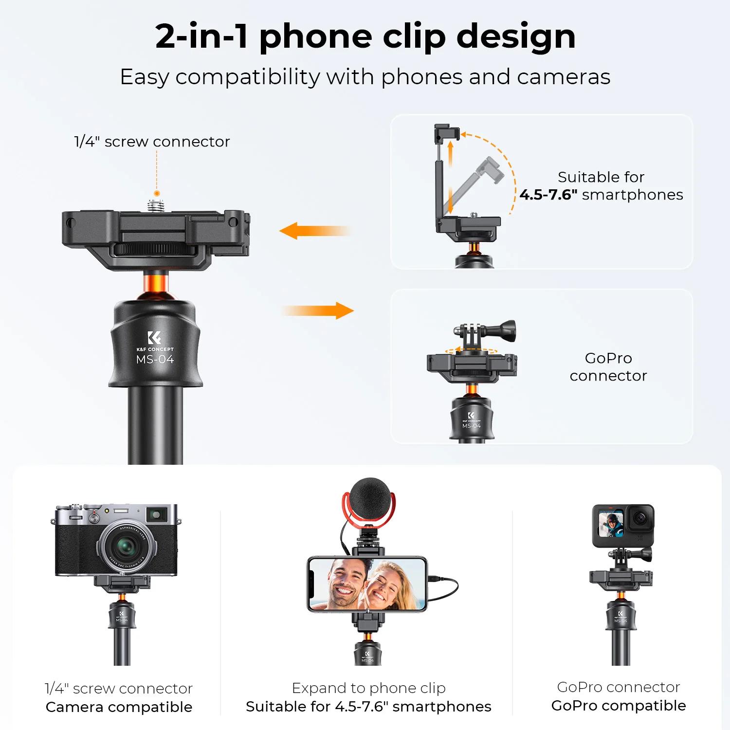 K&F CONCEPT MS08 Trépied pour téléphone portable 62''/1,58 m, bâton à selfie noir et orange avec tél