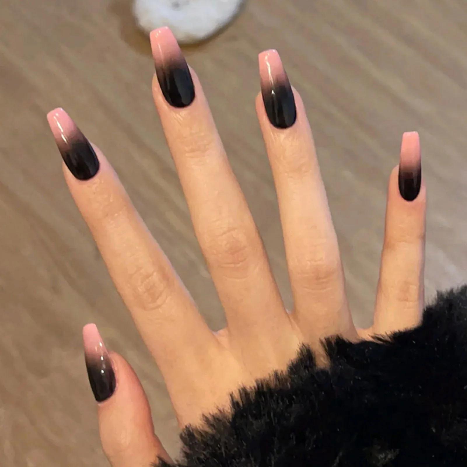 Ensemble de faux ongles noirs brillants, 24 pièces, pointes à pression, couleur unie, longs Stiletto