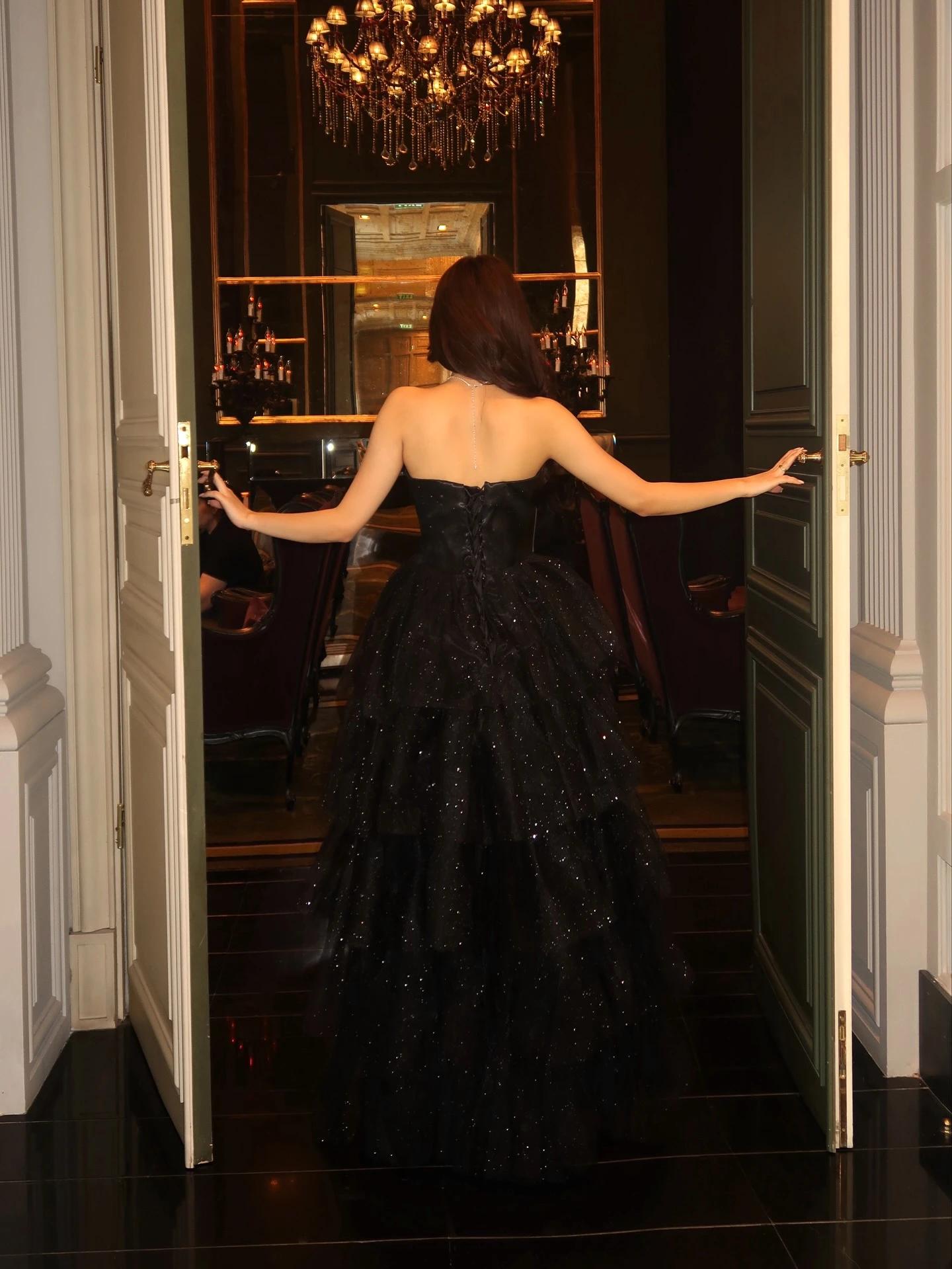 Robes de soirée sexy sans bretelles en maille bouffante, avec fente haute, volants en tulle et super