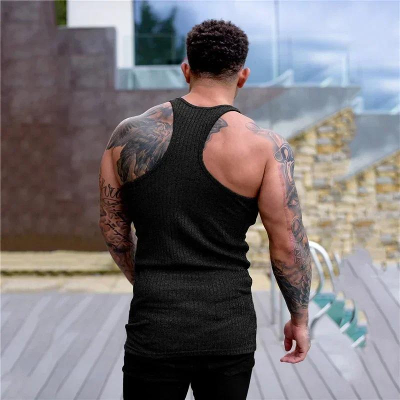 Débardeur tricoté à rayures pour hommes, chemise d'été respirante à séchage rapide, Fitness, Slim Fi