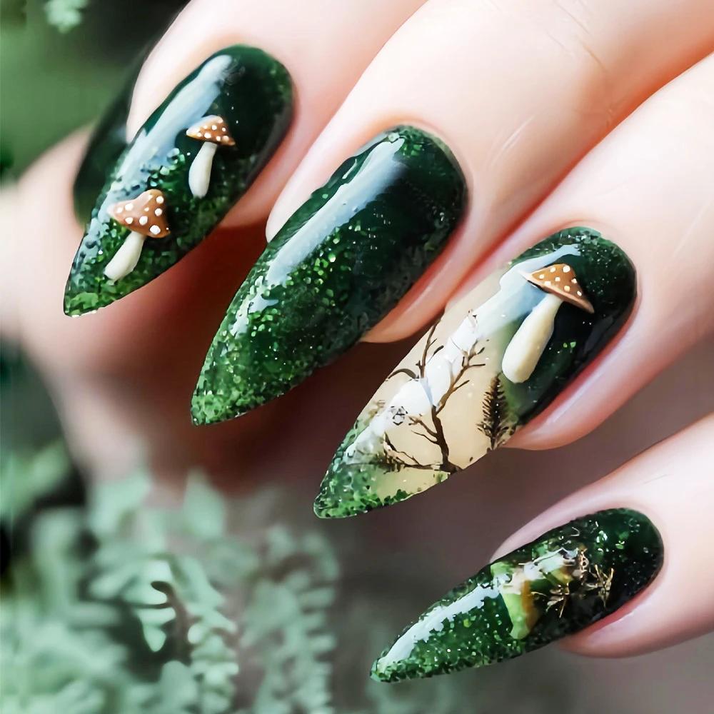 24 pièces/seste faux ongles courts moyens pour femmes filles fleurs colorées plage de champignons po