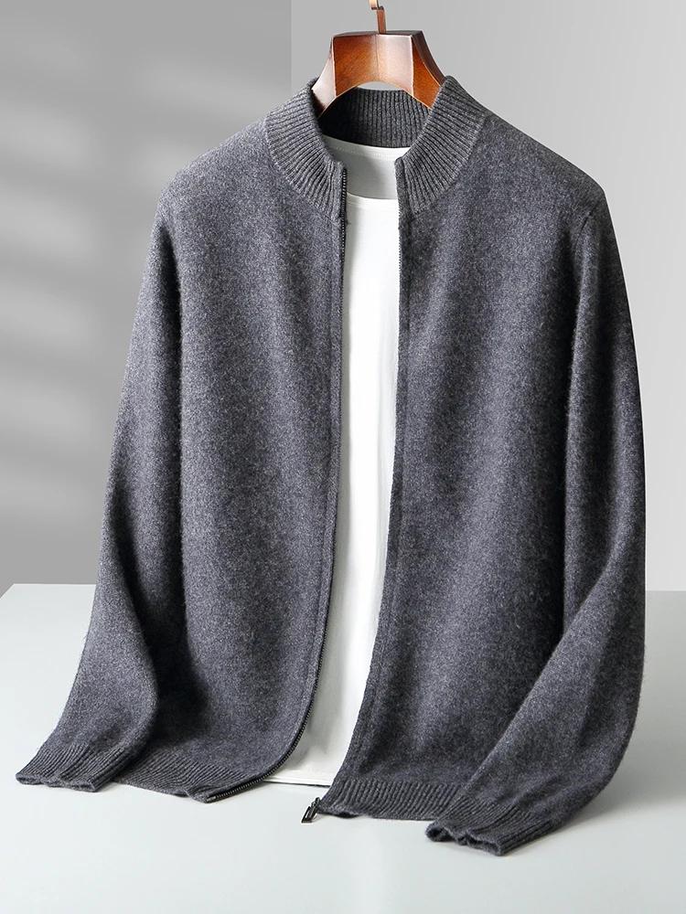 Cardigans en tricot pour hommes, 100% laine mérinos, automne hiver, pull épais à fermeture éclair, c