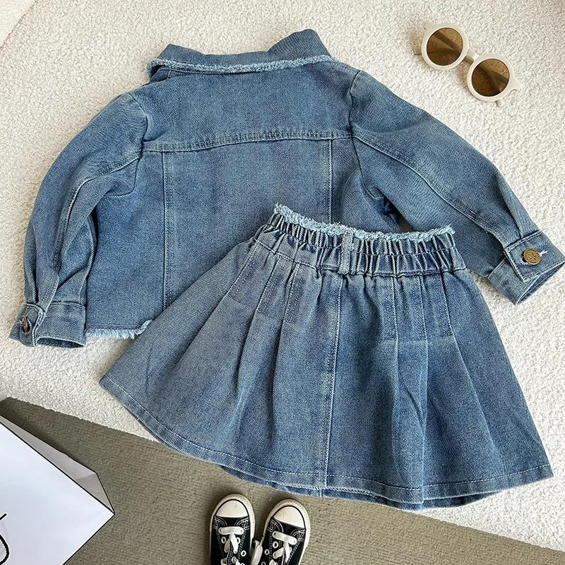 Ensemble en jean pour fille de 2 à 8 ans, avec revers rétro, veste en jean à manches longues + jupe